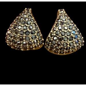 Vintage KF Black Crystal Pave Fan Dome Earrings 925 Sterling Gold Tone